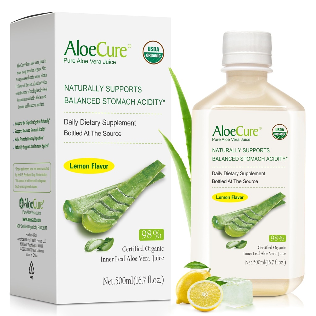 AloeCure USDA Organic Aloe Vera Juice Lemon Flavor - Hecho dentro de 12 horas de cosecha - Suplemento Digestivo Natural para la acidez de estómago equilibrado - Soporte Salud Digestiva e Inmunitaria - 1 Btl x 16.7oz