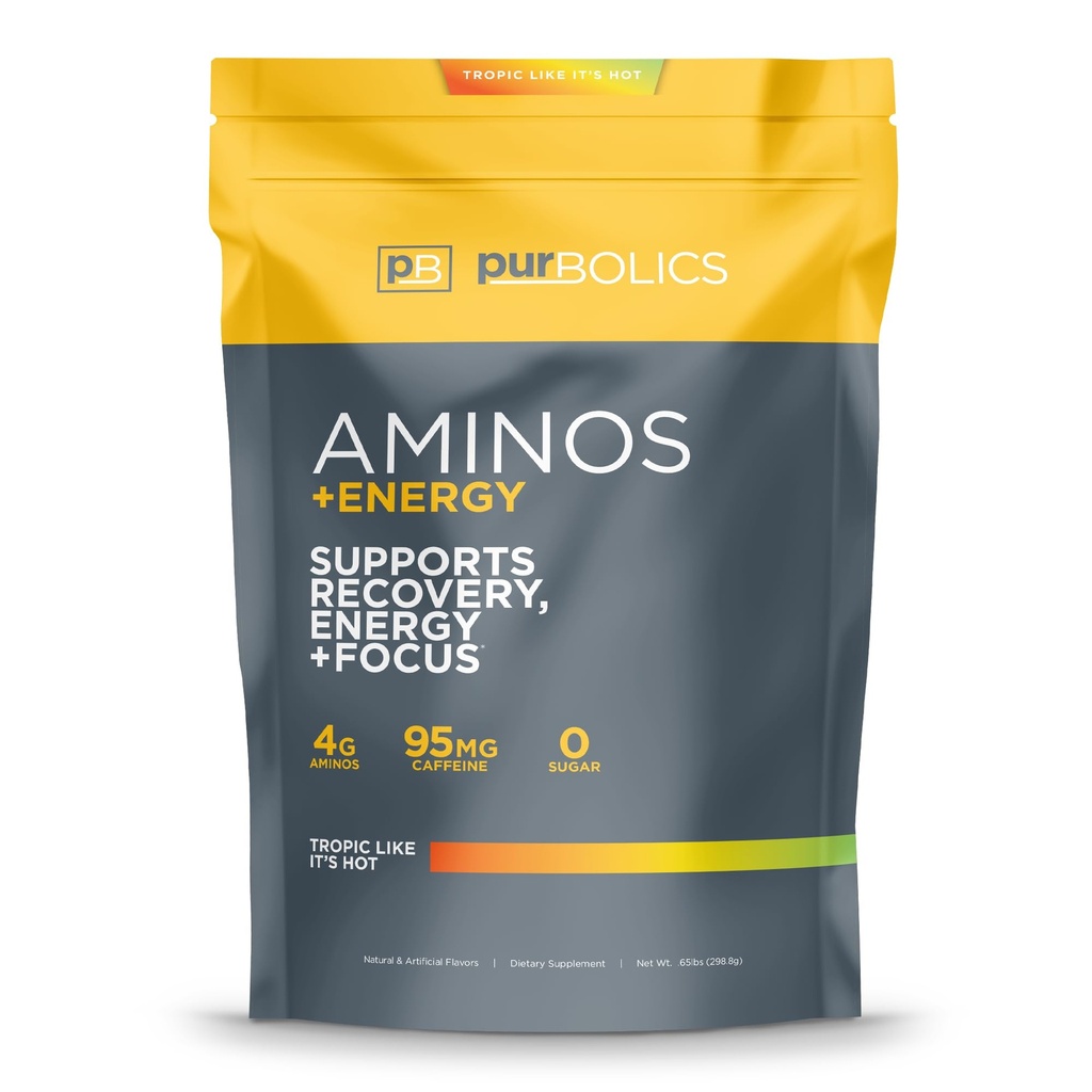 Purbolics Aminos + Energy tención apoya la recuperación, la energía y el foco  durable 95mg de la cafeína, 0 Azúcar & 60 servidos (Tropic Like It's Hot)