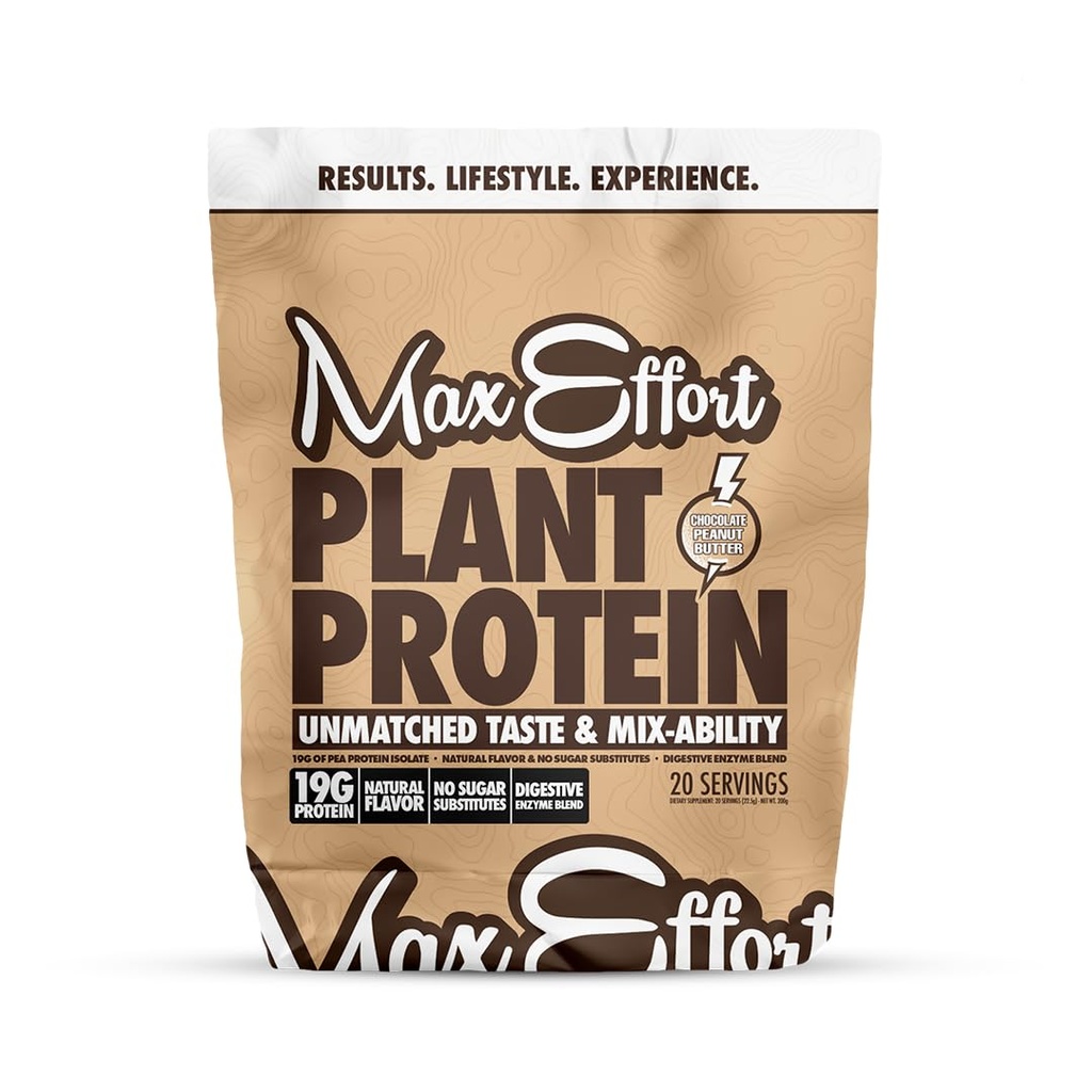 MAX EFFORT Plant Protein Powder, 19 G Pea Protein, Plant Based, Gluten Free, Low Carb, Protein Shake o Smoothie Mix, Meal Replacement, No Whey, No Sugar Substitutes, Chocolate Peanut Butter, 20 Srvg