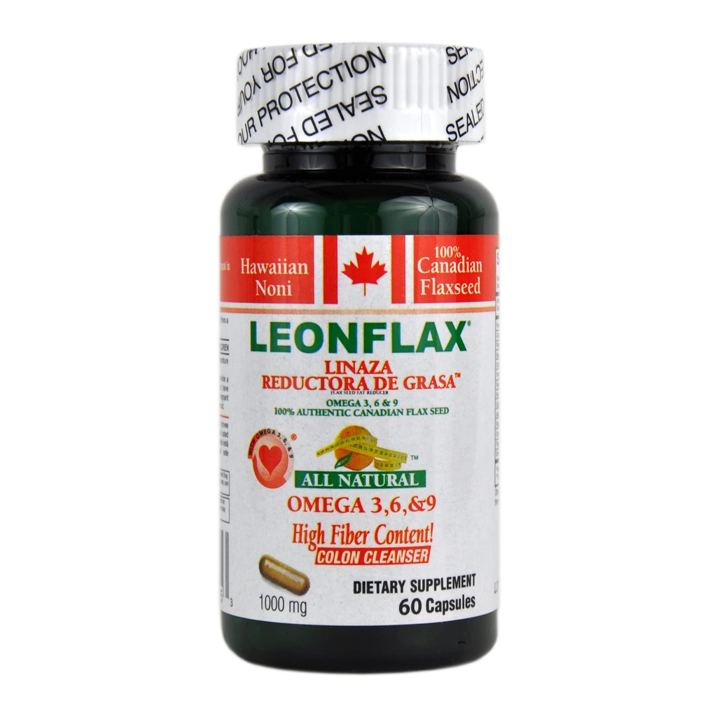 LEONFLAX, 100% Authentic Canadian Flax Seed, Mejora tu salud digestiva, 60 cápsulas, botella