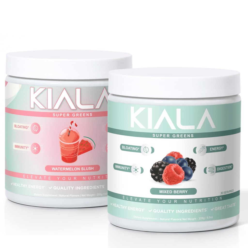 Kiala Nutrition Super Greens, Orgánica Greens Powder, Spirulina & Clorella Superfood Powder, Azúcar " Gluten Free Vegan, Spectra Blend, Watermelon " Mixed Berry 2 Pack