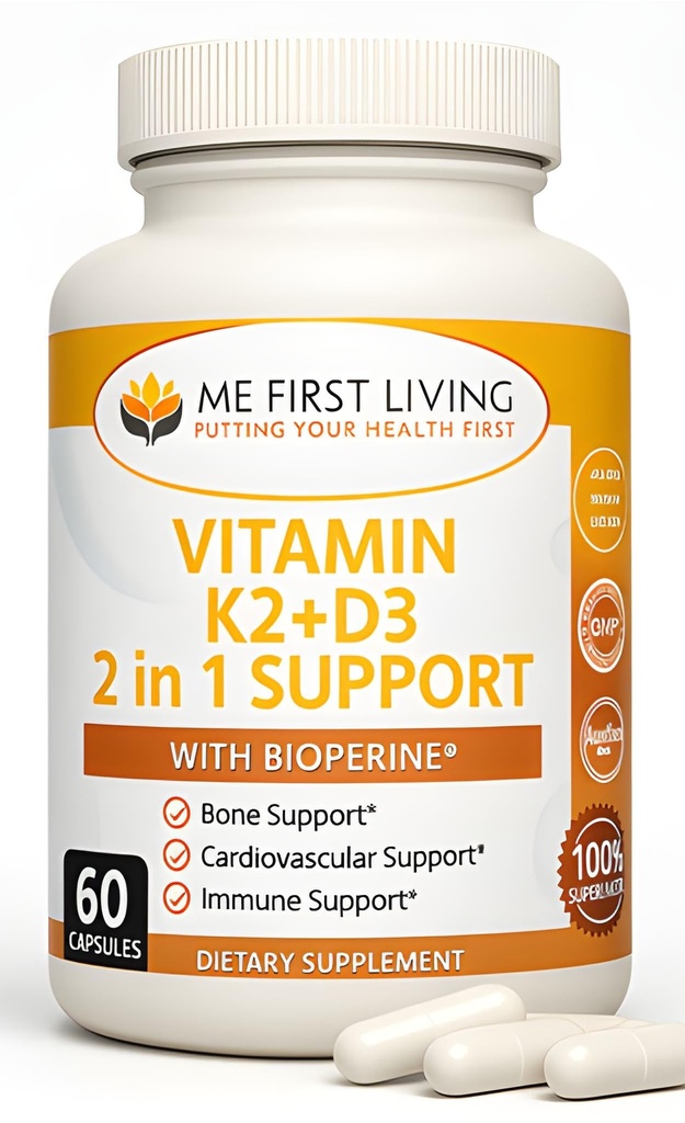 Me First Living Vitamina D3 K2 Suplemento Bone y Corazón Salud No GMO Fórmula 125 MCG Vitamina D3 &amp; 100 MCG Vitamina K2 MK-7 Complejo Easy to Swallow Vitamin D & K con calcio