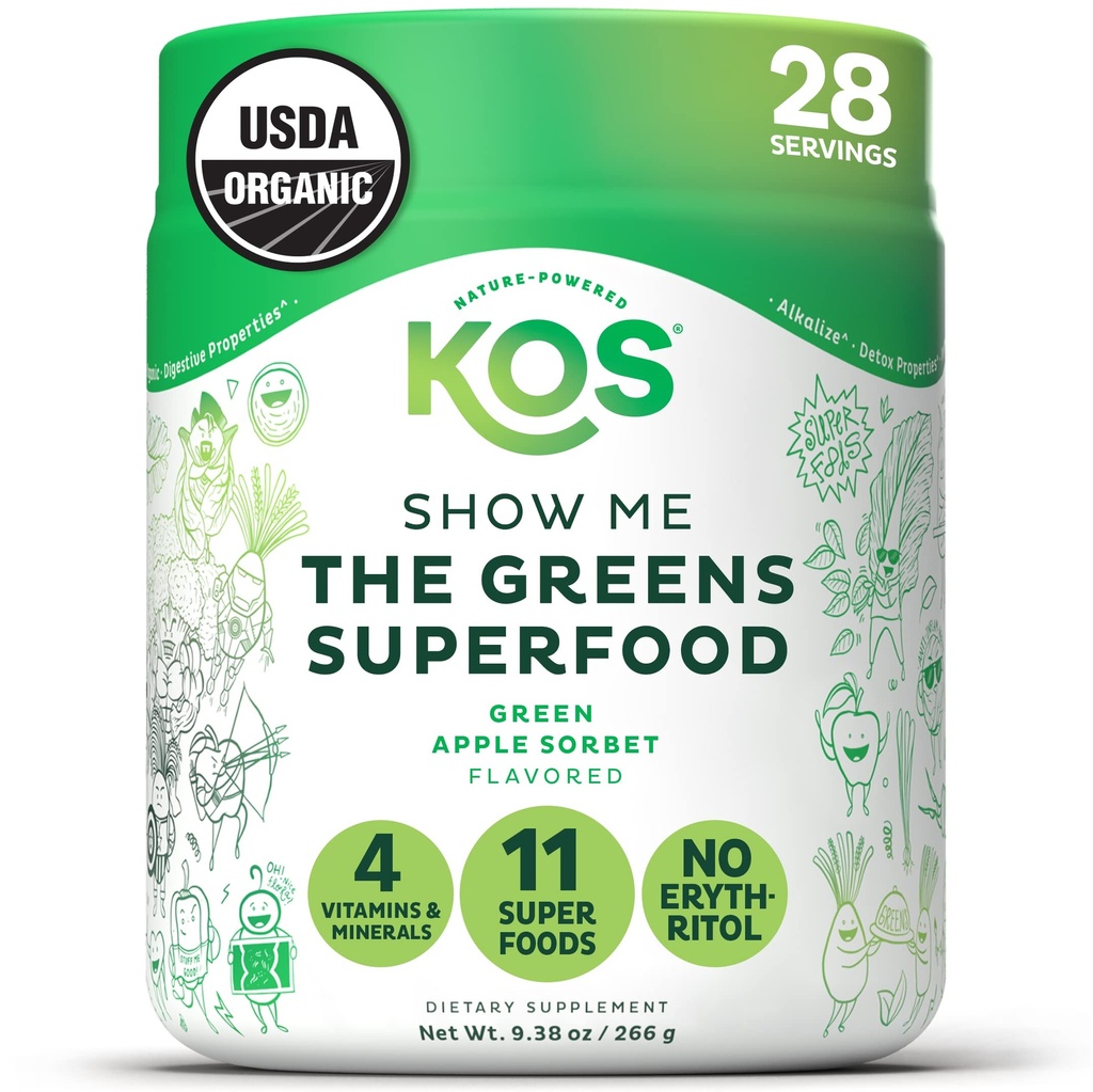 KOS Organic Super Greens Powder Erythritol Gratis - Planta de base Superfood Blend con Spirulina, Clorella & Wheatgrass - USDA Certified Organic, Green Juice Smoothie - Apple Flavor - 28 Servings