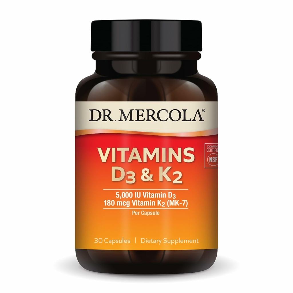 Dr. Mercola Vitamins D3 &amp; K2 - Admite Immune, Brain, Cardiovascular, Respiratory &amp; Bone Health - GMO-Free, Gluten-Free &amp; Soy-Free - 30 cápsulas (30 servidos)