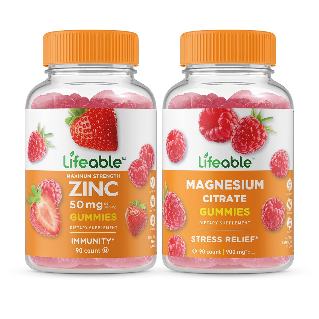 Zinc Lifeable 50mg + Magnesium, Gummies Bundle - Gran Tasting, Suplemento de vitaminas, Gluten Gratis, GMO Gratis, Chewable Gummy