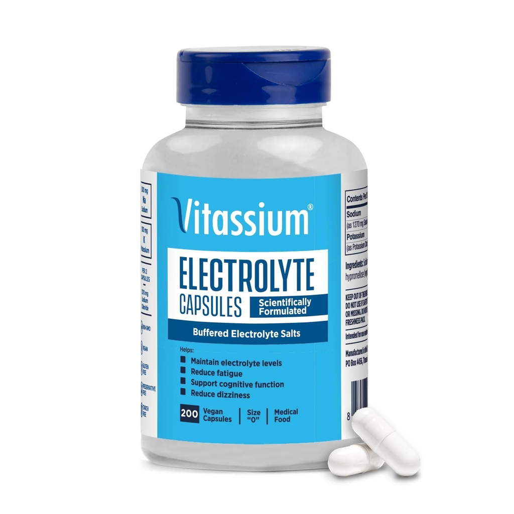 Vitassium Electrolyte Capsules, Electrolytes for The Management of POTS and High Sodium Diets (500mg Sodium - 100mg Potassium), Unflavored, 200 Salt Pills (Tamaño 0)