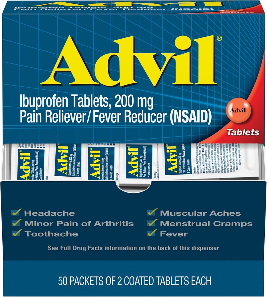Ibuprofeno Advil, 200mg, 50 Packets de 2 Tabletas Coated (Pack of 5)
