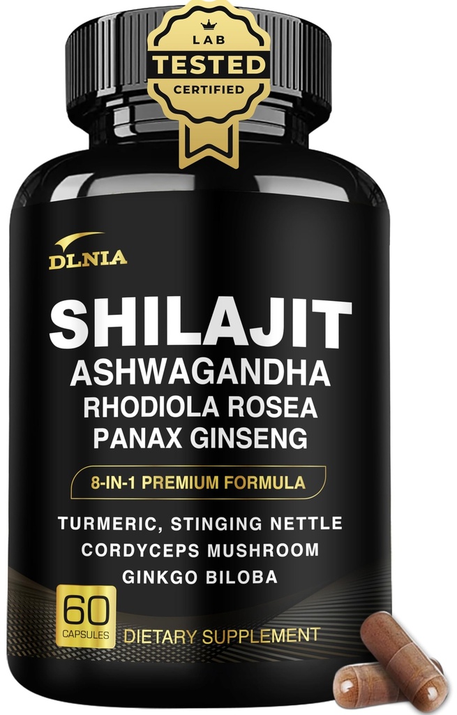8-en-1 Shilajit para Mujeres con Ashwaganda Himalayan Suplemento Orgánico con Rhodiola Rosea, Ginseng, Turmeric, Mushroom, para Apoyo Inmunitario, Energía, Calma, Focus, Claridad, Dormir, Cortisol