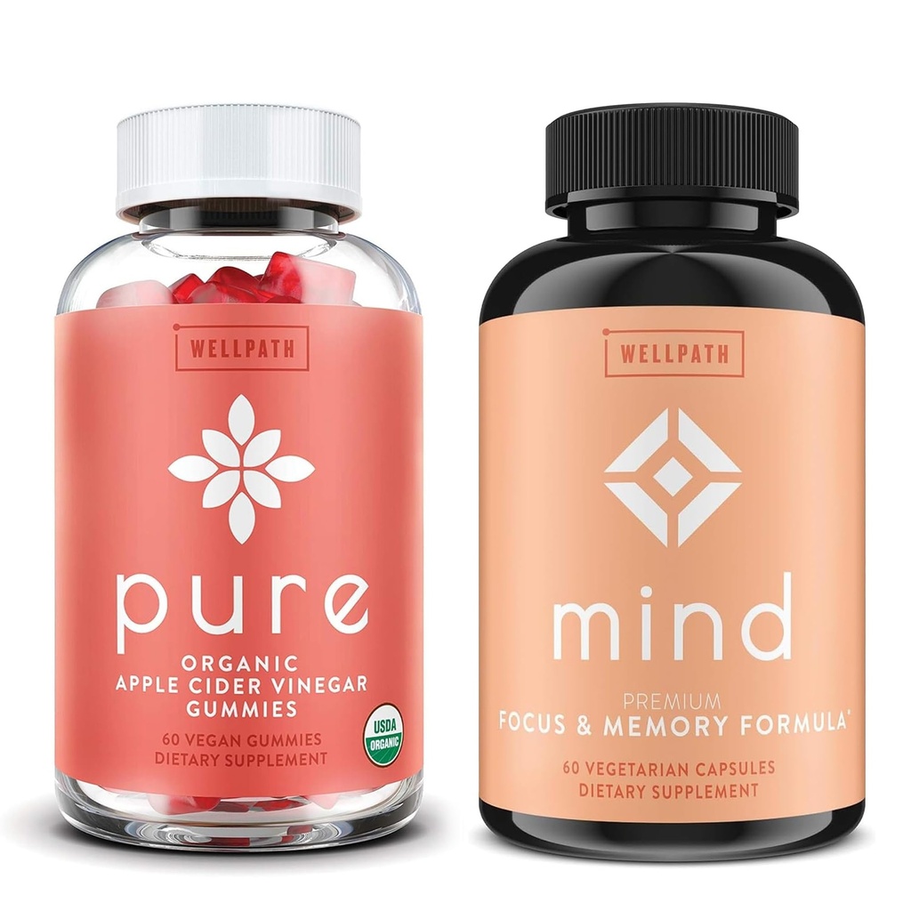 WellPath Pure Apple Sider Vinegar con la madre Gummies & Mind Brain Suplemento con Lion's Mane - Supports Focus & Memory, 60 Ct Cada