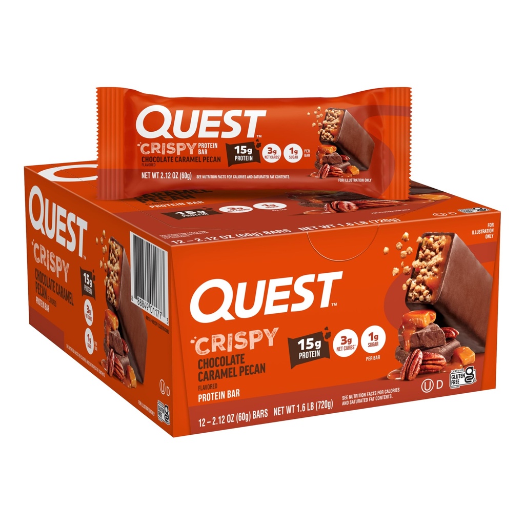 Quest Nutrition Crispy Chocolate Caramel Pecan Hero Protein Bar, 15g Protein, 1g Sugar, 3g Net Carb, Gluten Free Protein Snack, Keto Friendly, 12 Conde