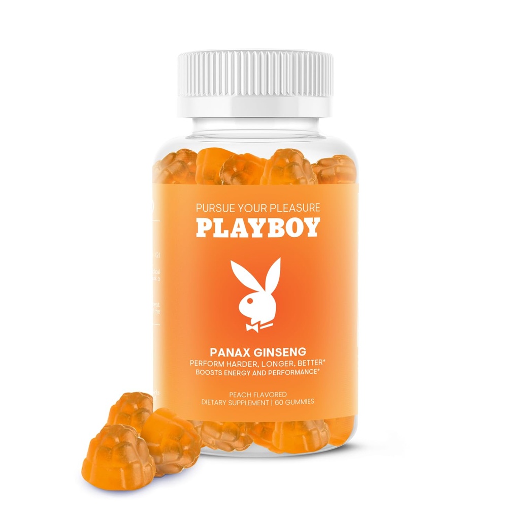 Playboy – Ginseng Gummies (60 Conde - Peach Flavored) - Realizar más duro, más largo, mejor - Panax Ginseng Suplemento Gummy para Hombres y Mujeres - 100% Natural, Vegan No Ginseng Root 6:1 Extracto