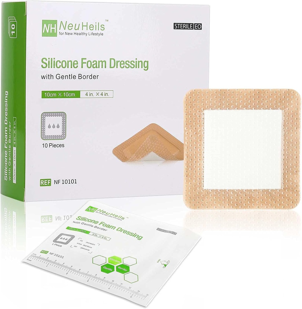 NeuHeils Silicone Adhesive Foam Dressing with Gentle Border 4'x4'' for Bed Sore Leg Ulcer 10 Pack, High Absorbency Waterproof Silicone Wound Bandage