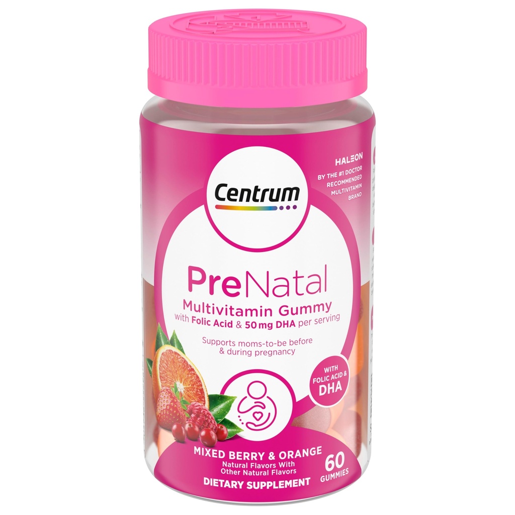Centrum Gummies multivitamínicas prenatales con DHA y ácido fólico, Berry mixto y sabores naranja - 60 Conde, 30 Day Supply