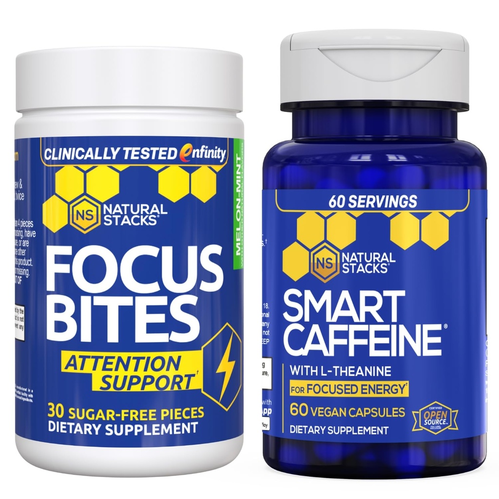 NATURAL STACKS Smart Caffeine + Focus Bites Bundle - Caffeine &amp; Paraxanthine Supplements - Supports Energy & Focus* - Sin Jitters o Crash - 90 piezas