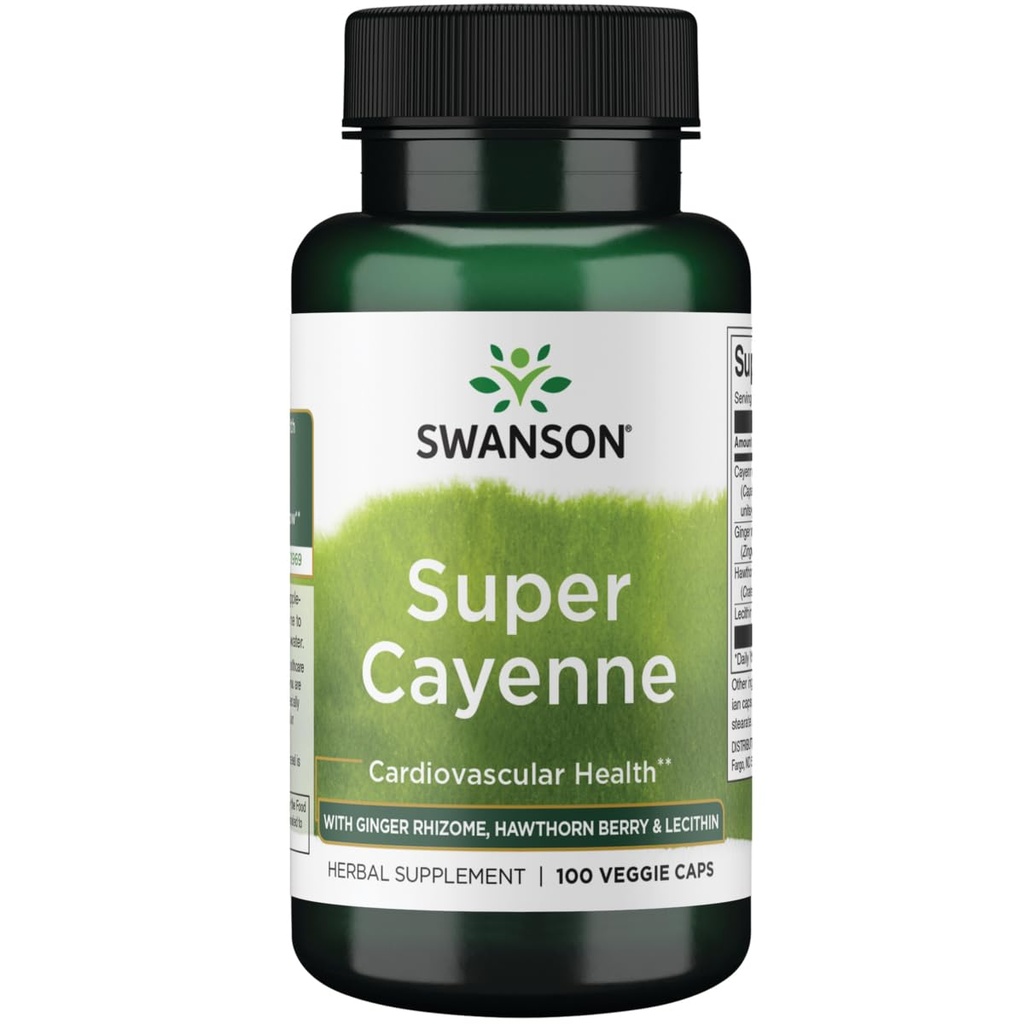 Swanson Super Cayenne - con Ginger Rhizome, Hawthorn Berry &amp; Lecithin 100 Veg Caps