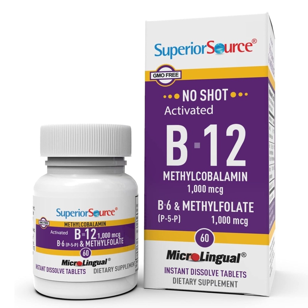 Fuente Superior No Shot Vitamin B-12 Methylcobalamin 1000 mcg, B-6, &amp; Methylfolate 1000 mcg - Apoya Energía, Cerebro y Salud del Corazón - Bariatric Friendly - 60 Tabletas de Dissolver Sublingual