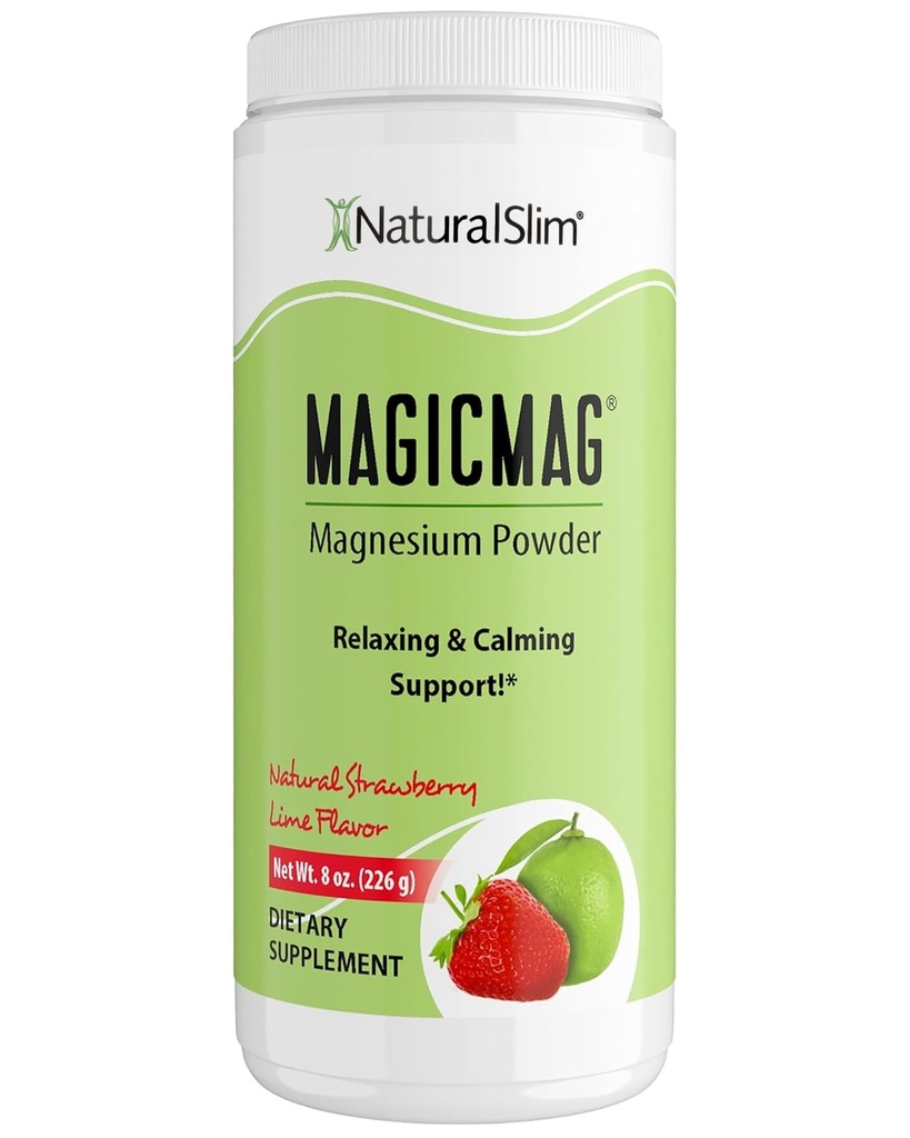 NaturalSlim Magicmag Pure Magnesium Citrate Powder – Estrés, Estreñimiento, Muscle, Heart Health y Sleep Support ← Natural Strawberry & Lime Flavored Magnesium Supplement - 8oz Drink Mix (Solo)