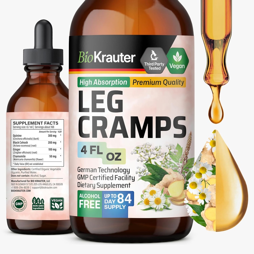 BIO KRAUTER Leg Cramps Tincture with Quinine - Ginger &amp; Chamomile Liquid Extracts for Leg Cramps - Natural Alcohol &amp; Sugar Free Formula - Vegan Drops 4 Fl.Oz.