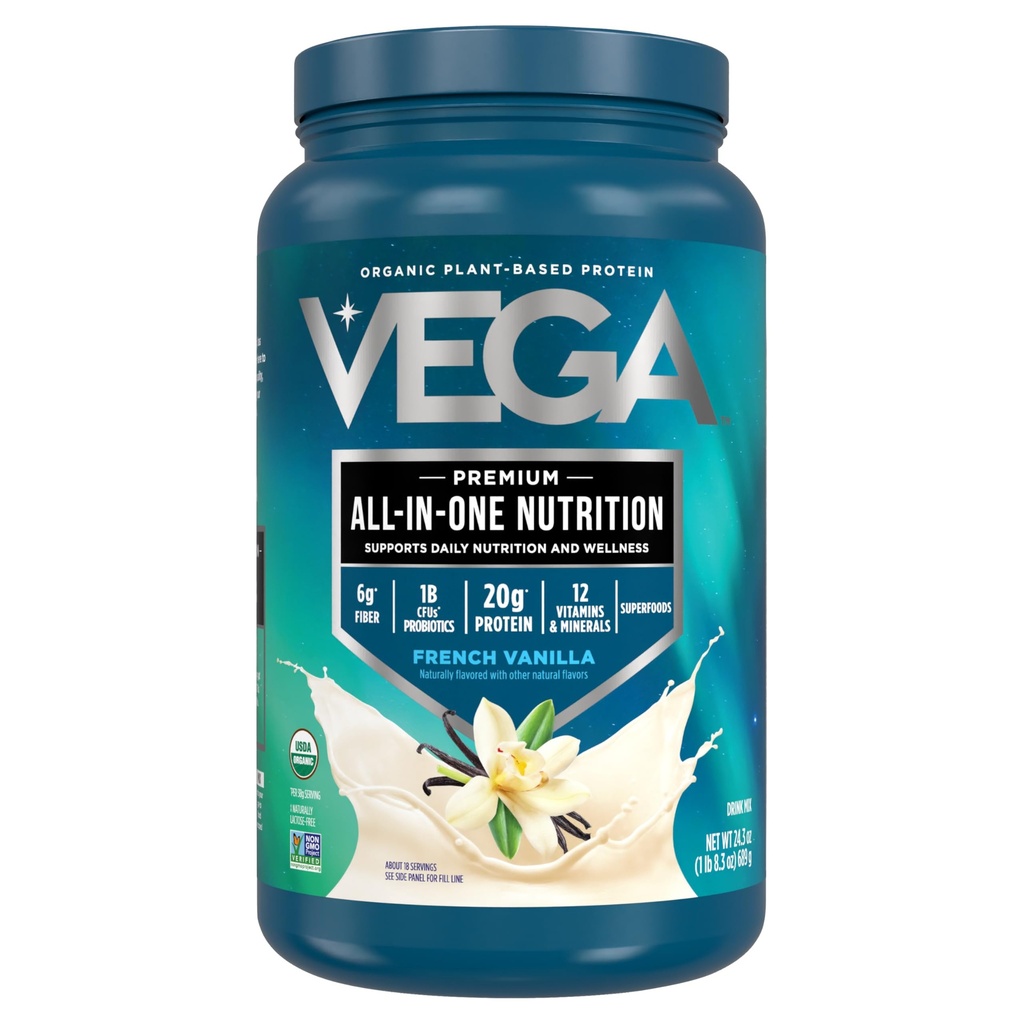 Vega Orgánica Todo-en-Uno Polvo Vegano, Vainilla Francesa -Ingredientes Superalimentarios, Vitaminas para Apoyo Inmunitario, Keto Friendly, Pea Protein for Women &amp; Men, 1.5 libras (Pack of 1)