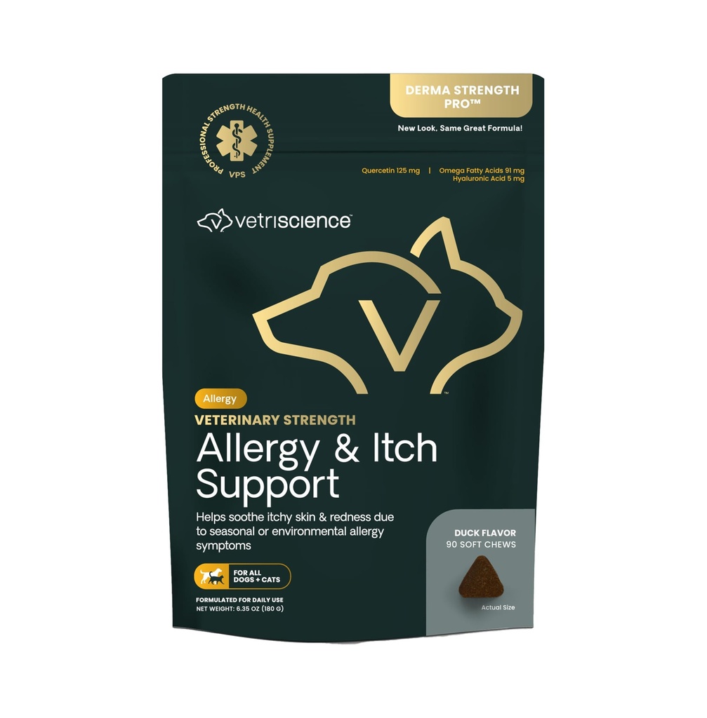 VetriScience Veterinary Strength Alergy & Itch Support Chews - Estacional Alergía Apoyo Suplemento para mascotas - Pet Skin Sensitivity Support - Cats & Dogs - Duck Flavor - 60 Chews