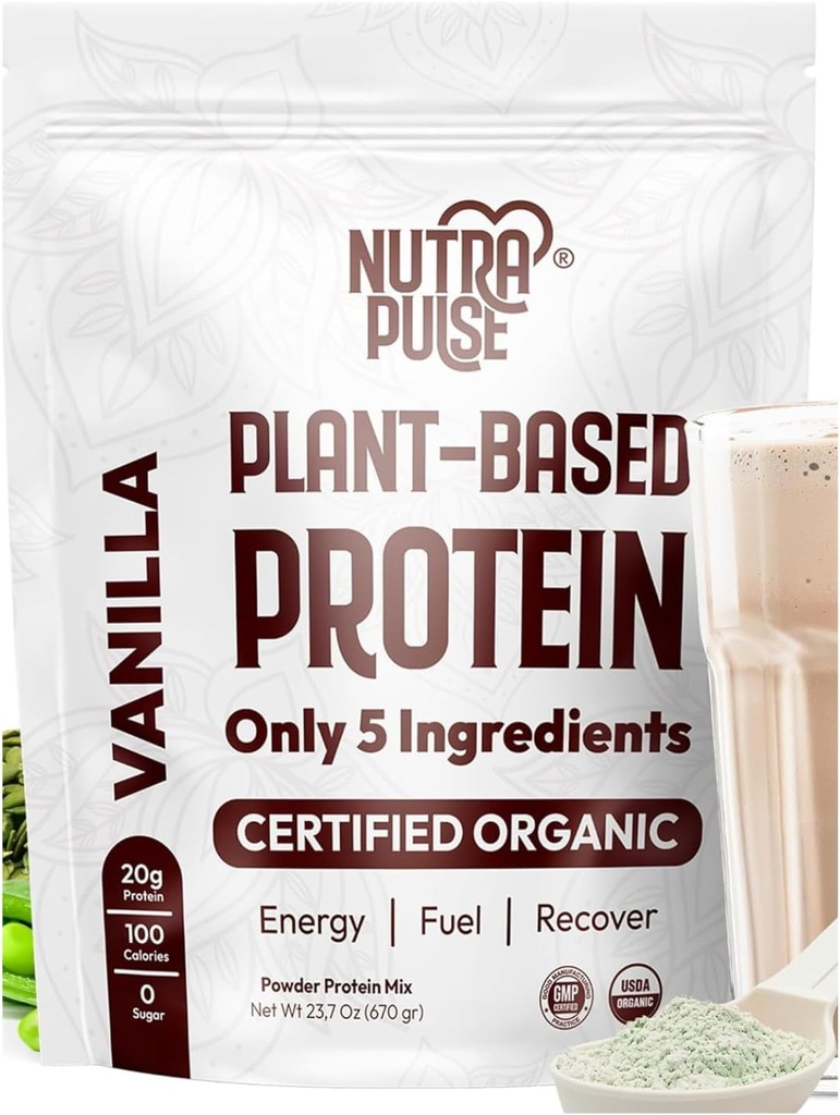 Polvo de proteína orgánica vegana – Sabor de vainilla, con base vegetal, sin gluten, sin gluten, 20g Proteína por ser, Ideal para Smoothies, Shakes, Baking, Cooking (1 Pack, 20 Servings)