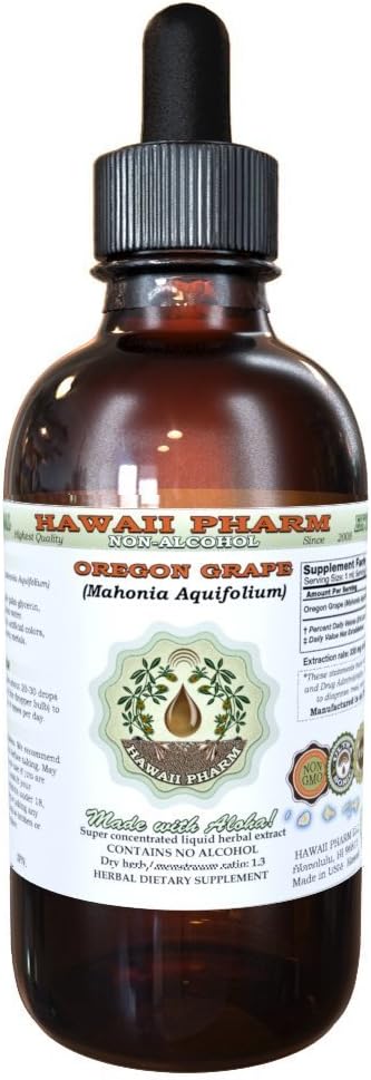 Hawaii Pharm Oregon Grape Alcohol-Free Liquid Extract, Oregon Grape (Mahonia acufolium) Dried Root Glycerite Natural Herbal Supplement, USA 2oz