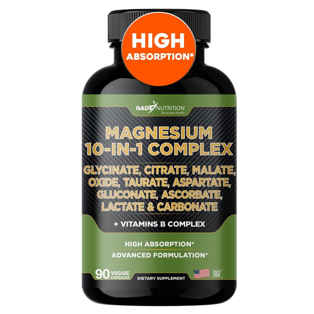 Complejo de magnesio de nutrición Gade 10 en 1 - Glycinate, Citrato, Malate, Oxide, Taurate, Aspartate, Gluconate Ascorbate Lactate Carbonate Zinc Copper Manganese & Vitaminas (90 Cuenta (Pack of 1))