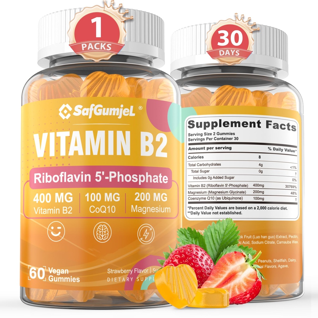 Vitamina B2 Gummies ← Riboflavin 400mg con Magnesium & CoQ10 para el alivio de dolor de cabeza de migraña " Alivio de dolor de cabeza  durable Sugar Free, Vegan, Strawberry Flavor, 60 Con