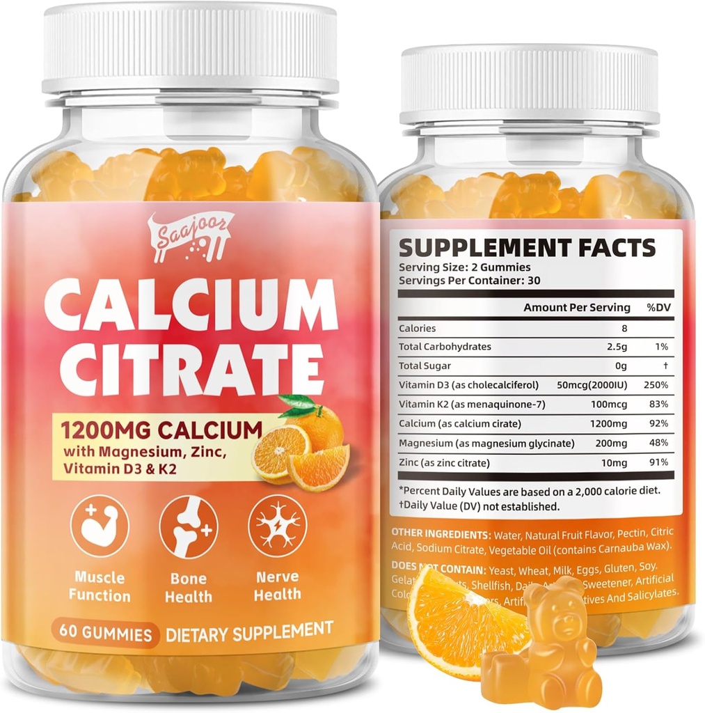 Calcio Citrate Gummies 1200 mg con Vitamina D3, K2, Magnesio, Zinc, Bono Soporte para Huesos, Músculos & Conjuntos, Inmunity & Memory Support, 60 Condes