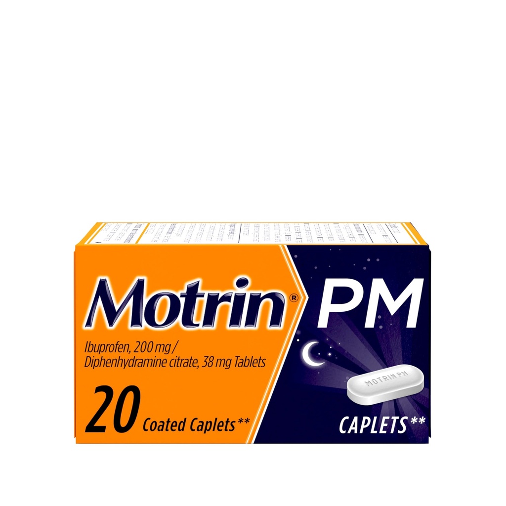 Motrin PM Pain Relief Caplets con 200 mg Ibuprofeno &amp; 38 mg Diphenhydramine Sleep Aid, Nighttime Pain Reliever for Minor Aches & Pains le ayuda a bajar el sueño " Stay Asleep, 20 ct