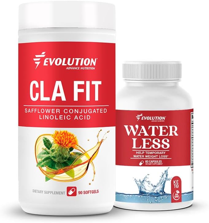 Evolution Advance Sport Nutrition CLA Fit – Safflower Conjugated Linoleic Acid Supplement, Support Lean Muscle Mass, Promote Energy (90 Softgels)+Water Less – Reduce la retención de agua (60 cápsulas)