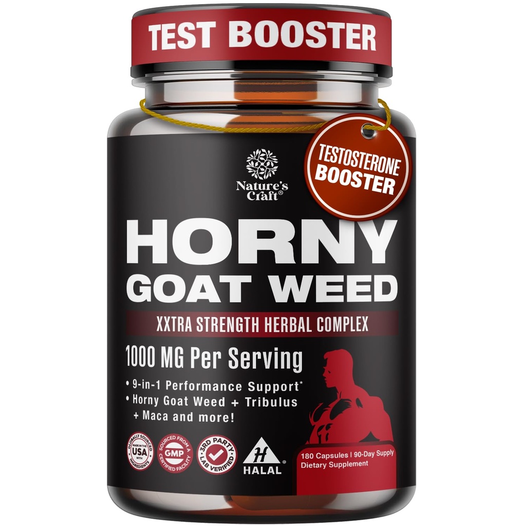 Horny Goat Weed for Men - Extra Strength Male Supplement with Black Maca Root, Tongkat Ali, Saw Palmetto &amp; Panax Ginseng Extract for Stamina & Energy - 180 Capsules