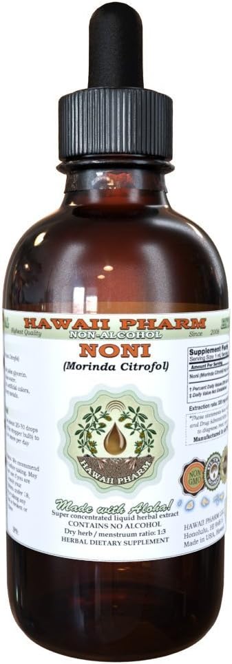 Extracto líquido libre de alcohol, Noni orgánico (Morinda citrifolia) Fruto seco Glicérite Natural Herbal Suplemento, Hawaii Pharm, USA 2 fl.oz