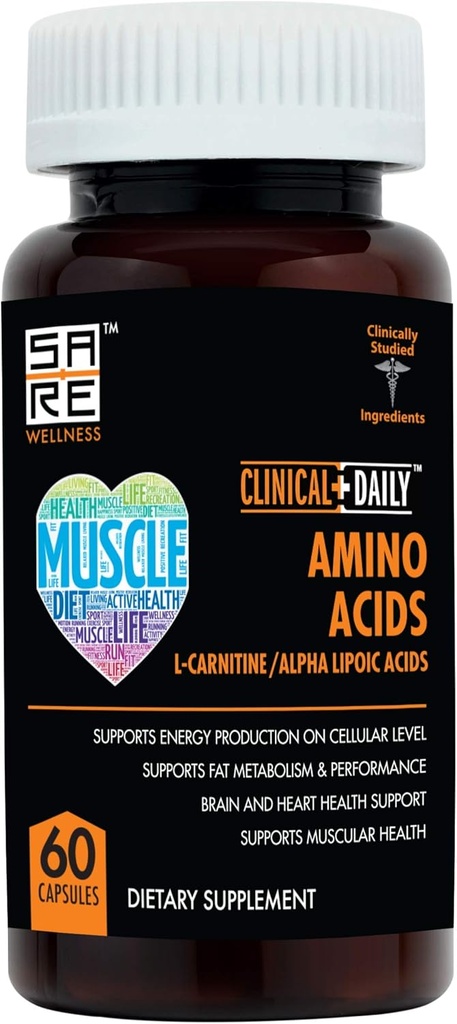 CLINICAL DAILY Acetyl L Carnitine - Alpha Lipoic Essential Amino Acids Supplements Capsules for Women, Men or Elderly- ALCAR ALA Complex Helps Boost Metabolism, Brain, Heart, & Muscle Health- 60 Pills
