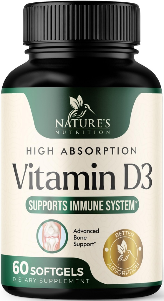 Vitamina D3 Suplemento 5000IU (125 mcg) - Extra Strength Vitamins D-3 Dietary Softgels for Bone, Teeth, Muscle Health & Immune Support, Rapid Absorbtion Mini D Softgel, Non-GMO, Gluten Free - 60 Con