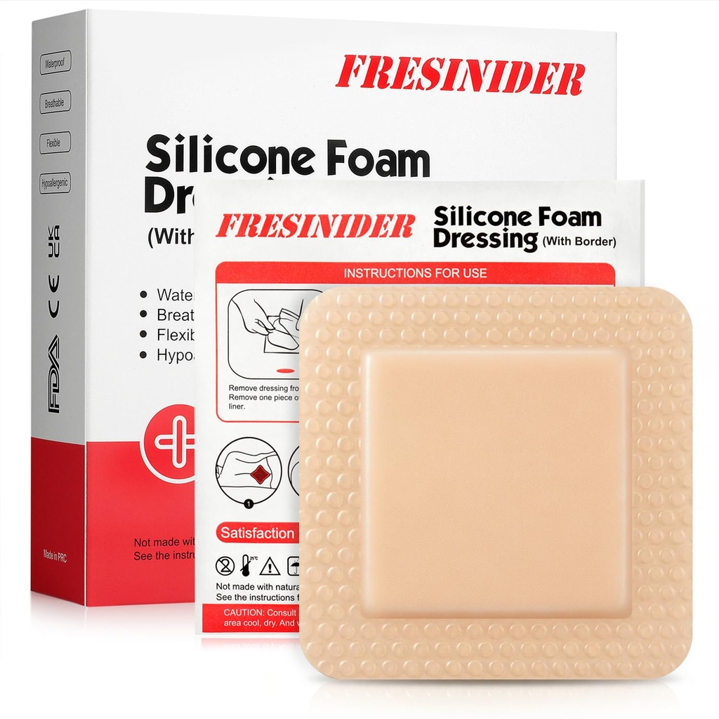 FRESINIDER Silicone Foam Dressing with Adhesive Border – Wound Dressing Bandage – Silicone Foam Pad – Pack de 10 – 4 x 4 pulgadas Grandes Bandages resistentes al agua – Self Adhesive Wound Care and Dressings