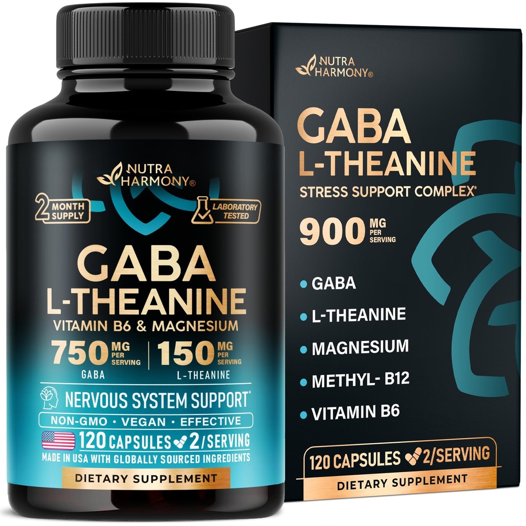 GABA L-Theanine 900 mg - Hecho en EE.UU. - Magnesio ANTE Vitamina B6 - Calma, Dormir, Relajación &amp; Mood Support - 750 mg Gamma AminoButyric Acid, 150 mg L-Theanine - Non-Habit Forming, Vegan - 120 cápsulas