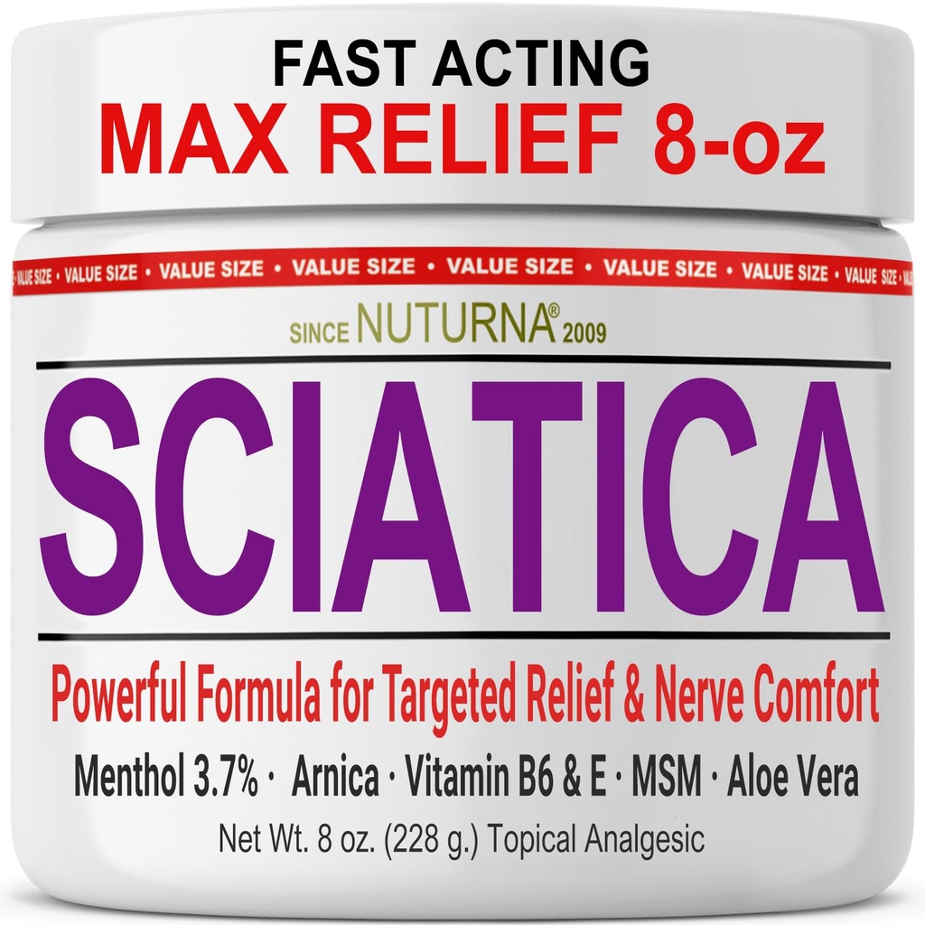 Sciatica Nerve Cream - Crema de máxima resistencia para pies, manos, piernas, pies, espalda - Natural Ultra Strength Arnica, MSM, Menthol, Soothing Comfort, grande 8 oz
