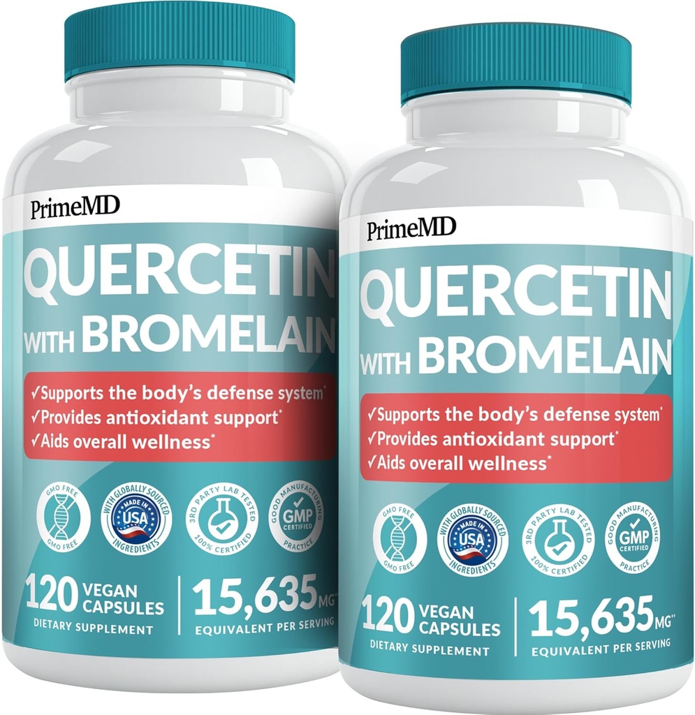 28-in-1 Quercetina con suplemento de bromelaina - Quercetina 500mg cápsulas para el soporte diario de la defensa inmunitaria - Quercetina con vitamina C y zinc para adultos Enriquecido con vitamina D (120 ct, Pack de 2)