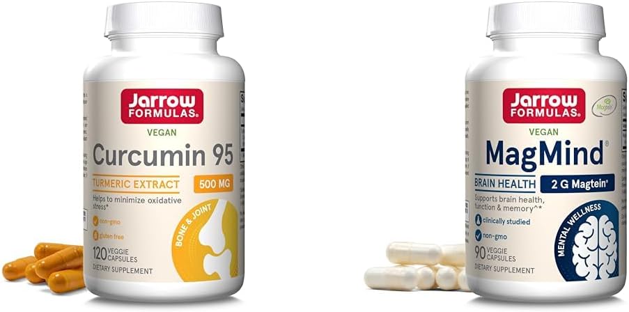 Jarrow Formulas Curcumin 95 500mg - Hasta 120 Servings (Veggie Caps) - Turmeric Curcumin Extract &amp; MagMind Brain Health with Magtein (Magnesium L-Threonate), Suplemento dietético