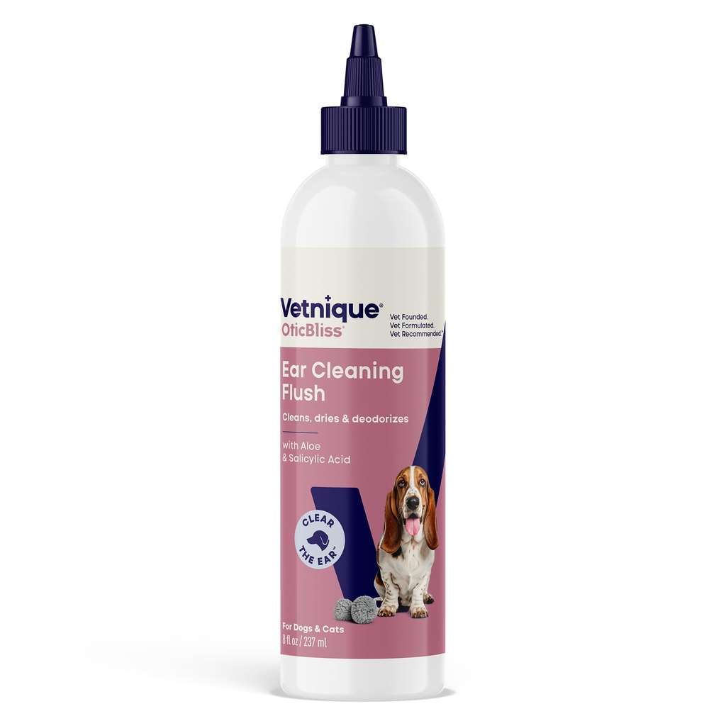 Vetnique Oticbliss Cat &amp; Dog Ear Cleaners: Medicated Dog Ear Drops for Infection, Antiseptic Flush, &amp; Wipes to Reduce Itchy Ears & Head Shaking - Vet Recommended for Itchy Ears (8oz, Flush)