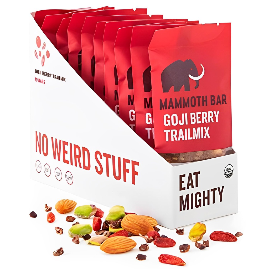 Mammoth Bar Goji Berry Trail Mix - 10 Orgánica Protein Bares – Prebiótico • Paleo • Gluten Gratis • Egg Protein • GMO Gratis • Raw • Premium Nuts