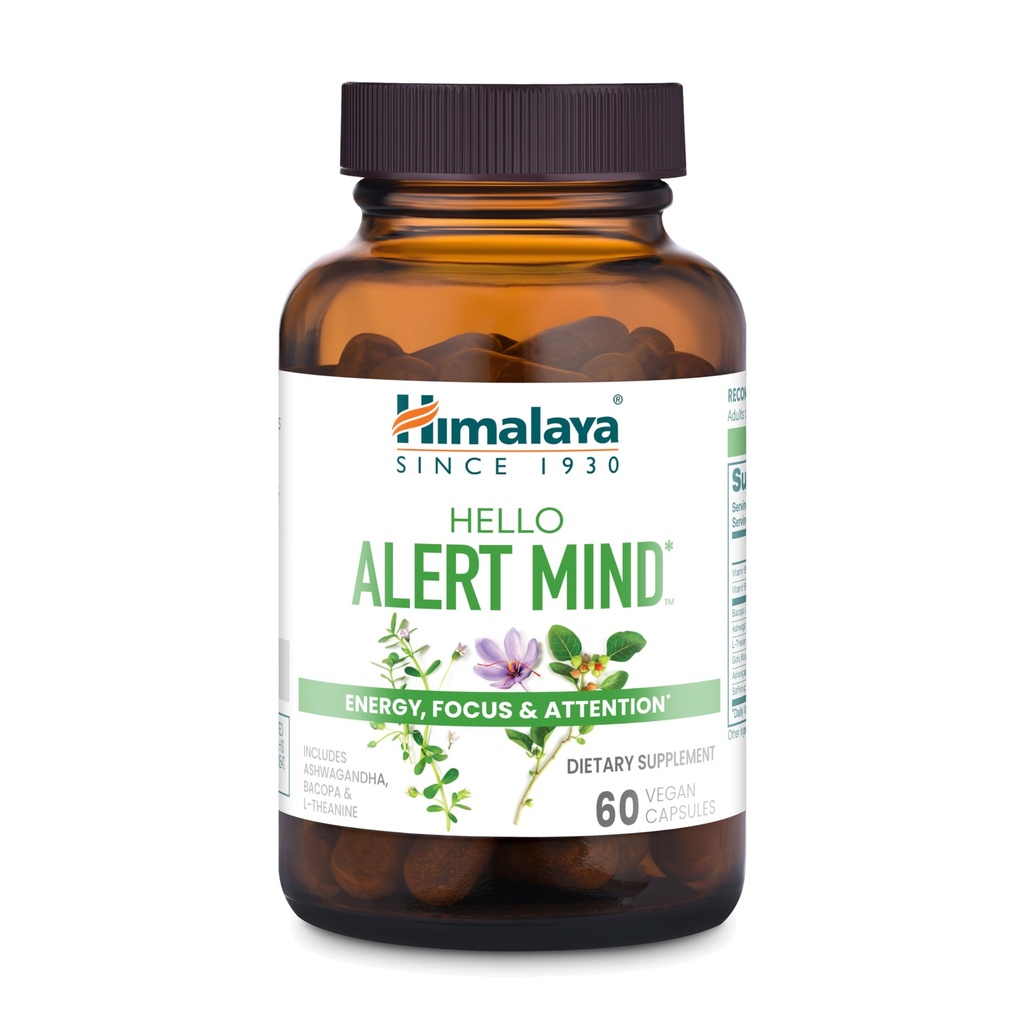 Himalaya Hello Alert Mind with L-Theanine, Ashwagandha, Bacopa, Vitamin B6 &amp; B12, for Energy, Focus &amp; Atención, Vegan, Gluten Free, 60 cápsulas