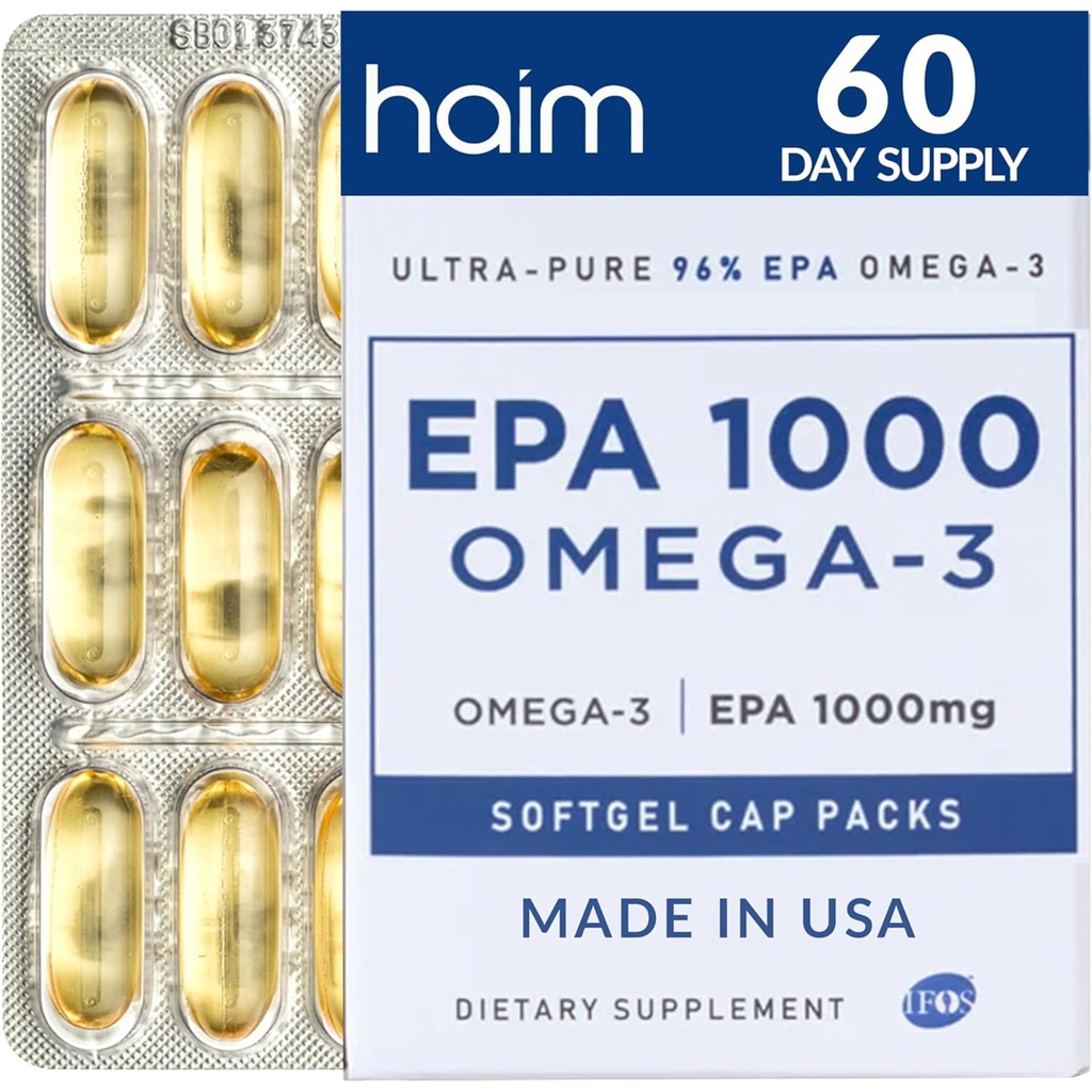HAIM EPA1000 – Suplemento de aceite de pescado de alta potencia de EPA – 1.100 mg Omega-3 para el corazón, cerebro y salud conjunta – Softgeles de grado farmacéutico – Puro, cápsulas de Burpless – 60 Softgels – Hecho en EE.UU.