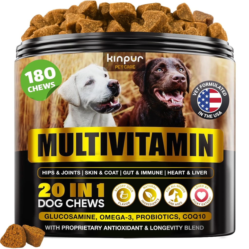20-in-1 Suplementos multivitamínicos para perros - Inmunidad, Digestión, Junta y Corazón de Salud - Vitaminas para perros naturales con Biotina, Msm, Cranberry, Glucosamina para perros - 180 Chews