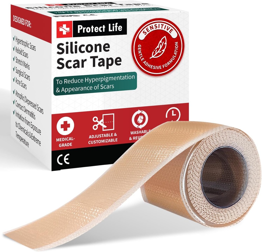Protect Life Silicone Scar Sheets 1.6" x 118" Roll-3M - Tapa de cicatriz de grado médico para la eliminación de bombas de Keloid - Reutilizable Silicone Tape Scar Removal Strips, Patches for Surgical Scars, C Section