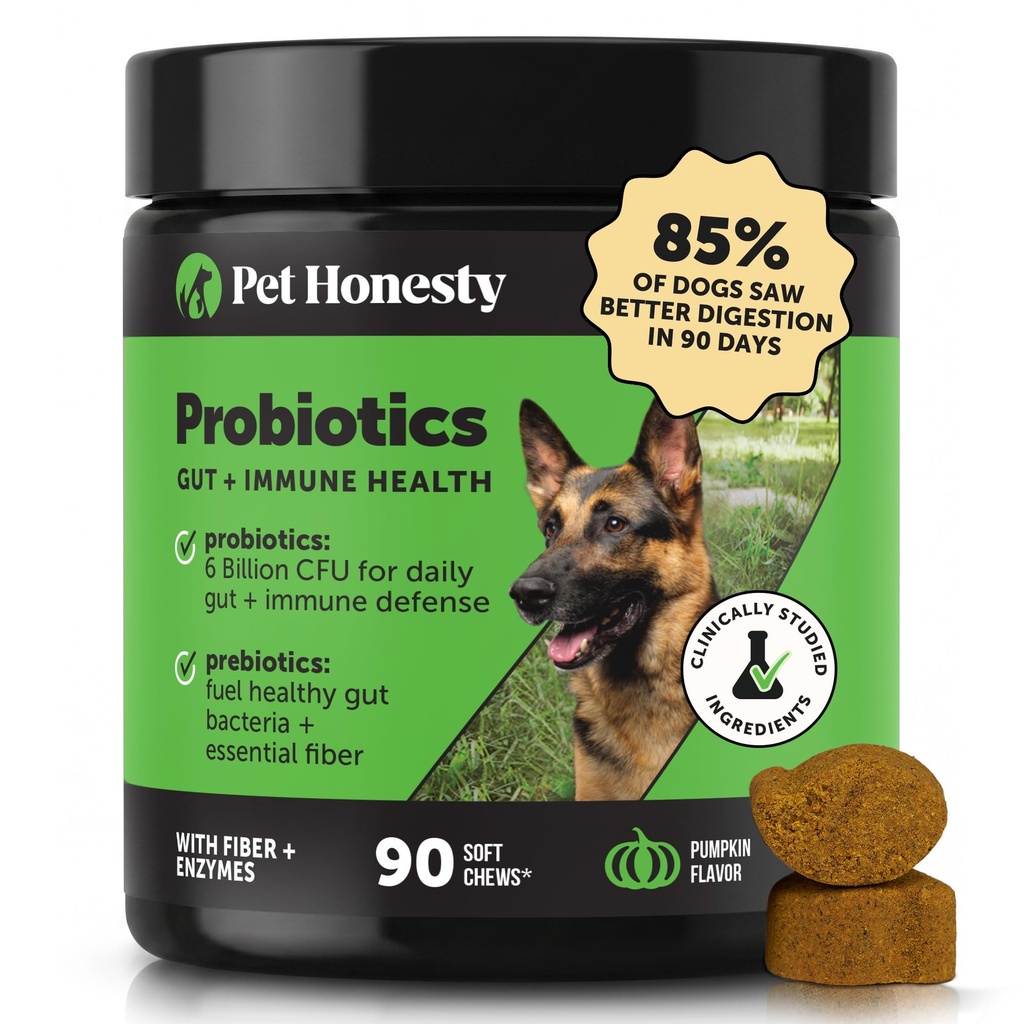 Probióticos de Honestidad Mascotas para Perros para Diarrea Ocasional & Bowel Support, Enzimas Digestivos con Prebióticos para Salud Gut para Perros, Salud Inmunitaria & Itch Relief (Pumpkin 90 ct)