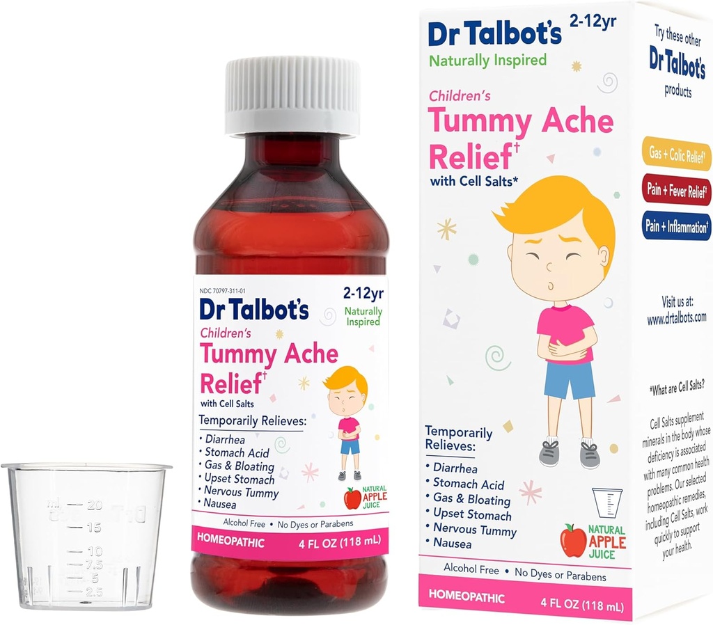 Dr. Talbot's Children's Tummy Ache Relief Medicine - 4 oz - Incluye Copa de Dosificación - para 2-12 años de edad - Natural Apple Flavor (Packaging Varies)