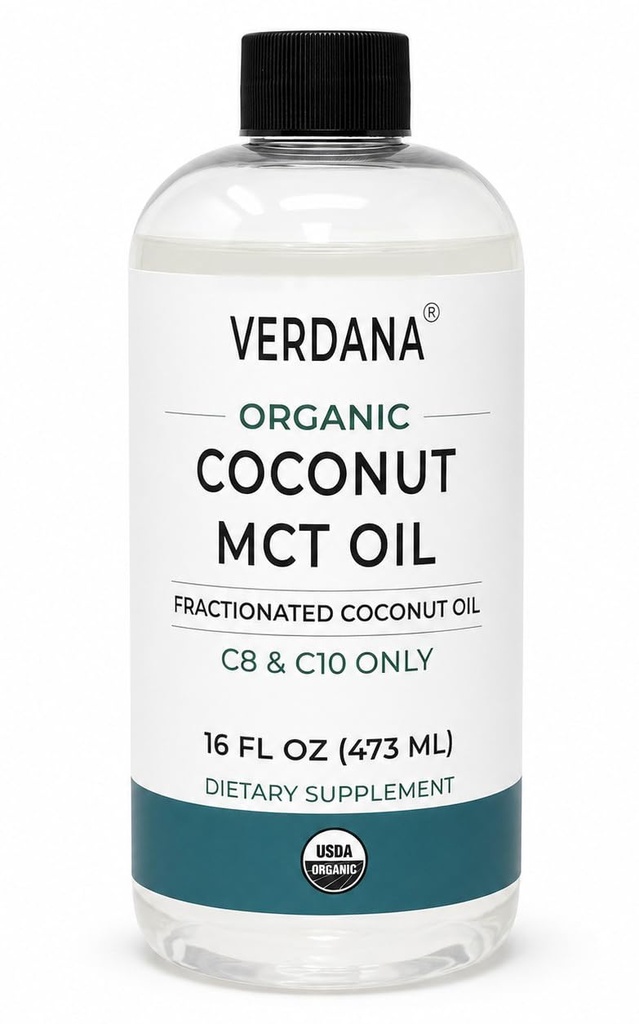 Verdana USDA Organic Coconut MCT Oil, 16 fl oz, Food Grade, C8 & C10 Only, Non-GMO, Kosher, Keto & Paleo Friendly, No Palm Kernel Oil