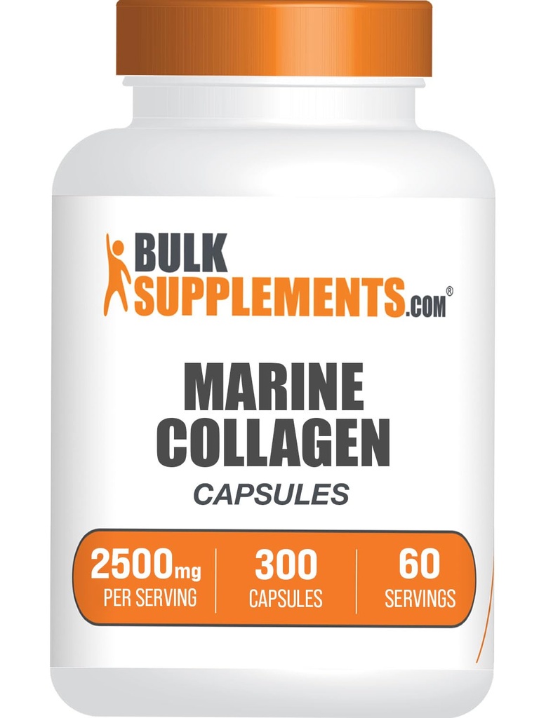 BulkSupplements.com Marine Collagen Capsules - Fish Collagen Supplement, Collagen for Women &amp; Hombre - Hydrolyzed Collagen, Gluten Free, 5 cápsulas por Serving, 300 cápsulas (Pack of 1)